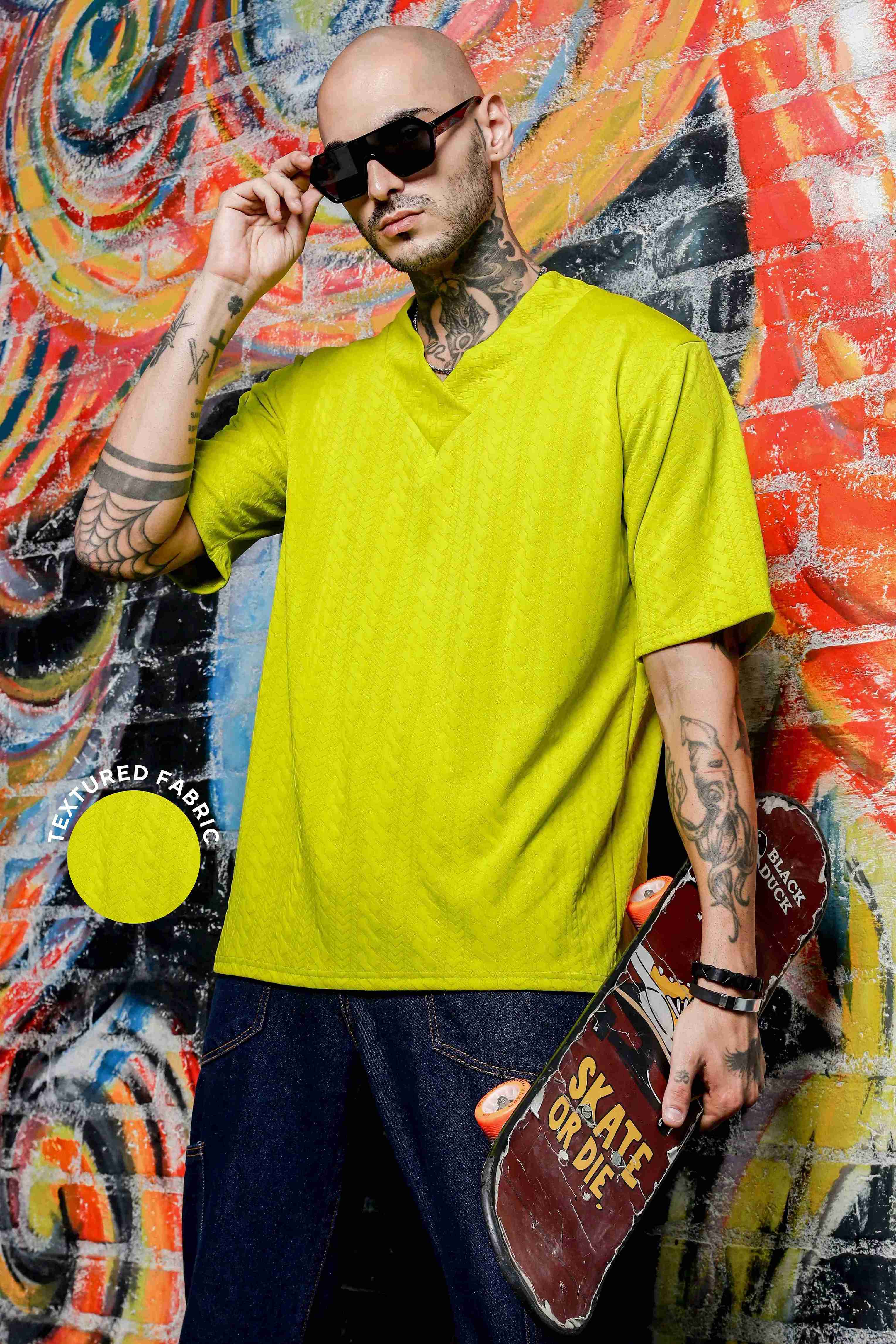 Unisex Lime Green Textured V-Neck Oversized T-shirt