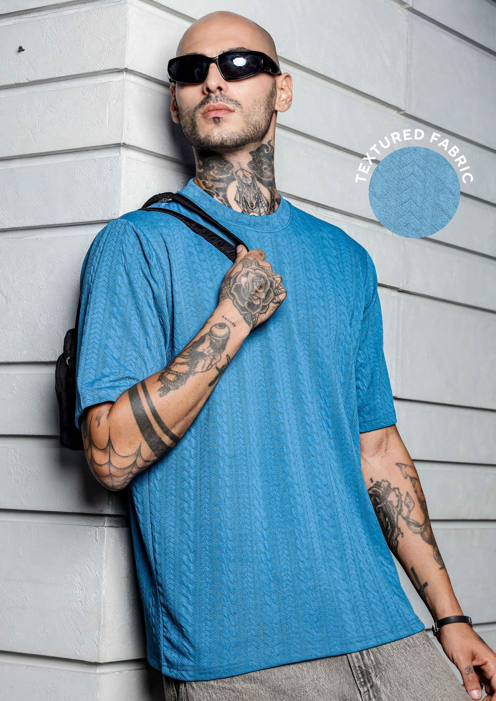 Unisex Blue Textured Round Neck Oversized T-shirt