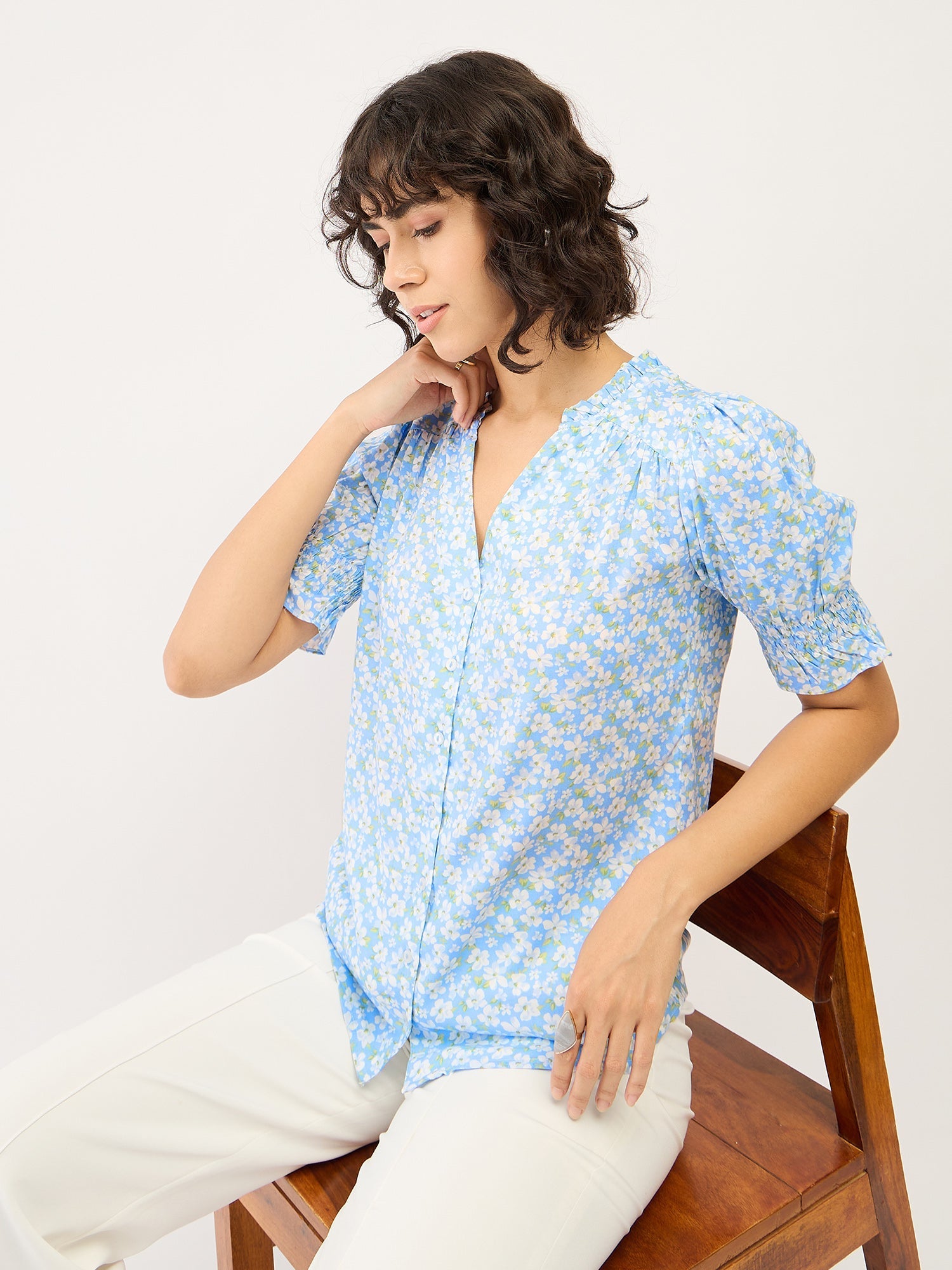 Belladonna Floral Ruffled Neckline Top-Pastel Blue/White
