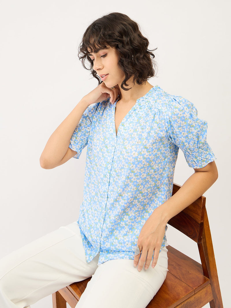Belladonna Floral Ruffled Neckline Top-Pastel Blue/White