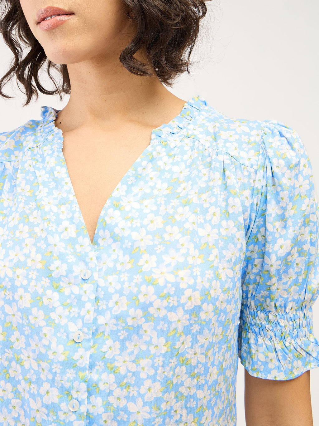 Belladonna Floral Ruffled Neckline Top-Pastel Blue/White