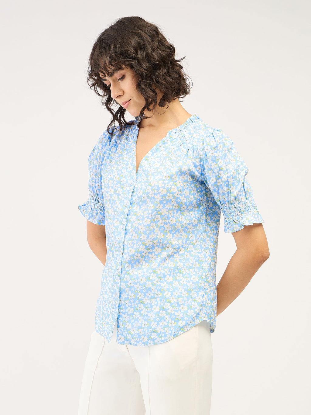Belladonna Floral Ruffled Neckline Top-Pastel Blue/White