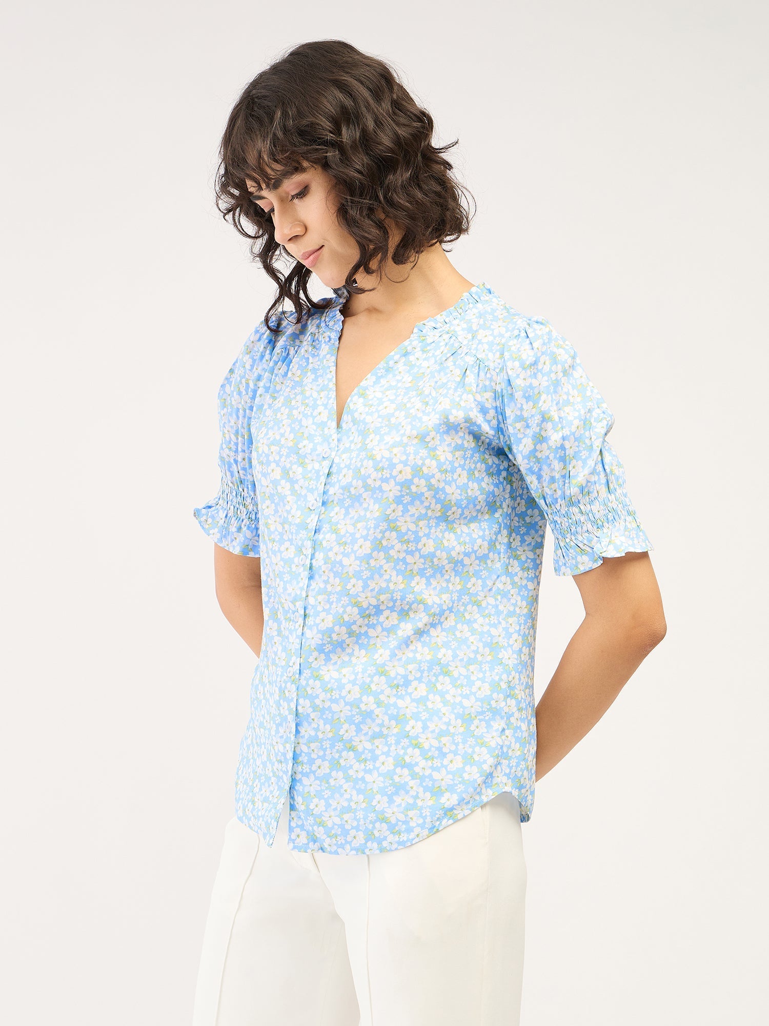 Belladonna Floral Ruffled Neckline Top-Pastel Blue/White