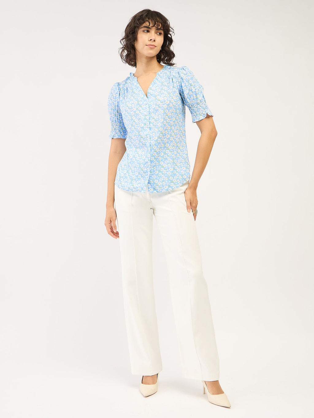 Belladonna Floral Ruffled Neckline Top-Pastel Blue/White