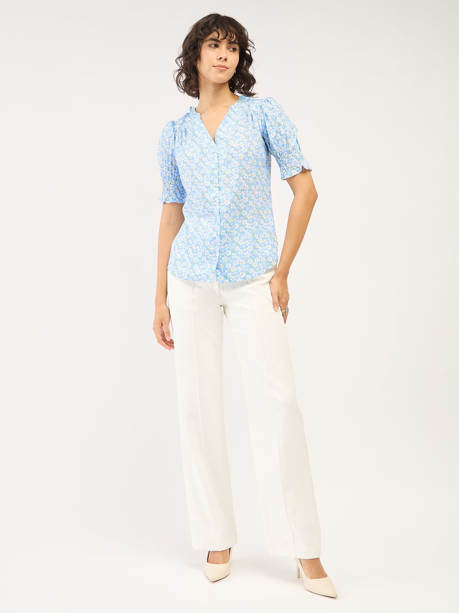 Belladonna Floral Ruffled Neckline Top-Pastel Blue/White