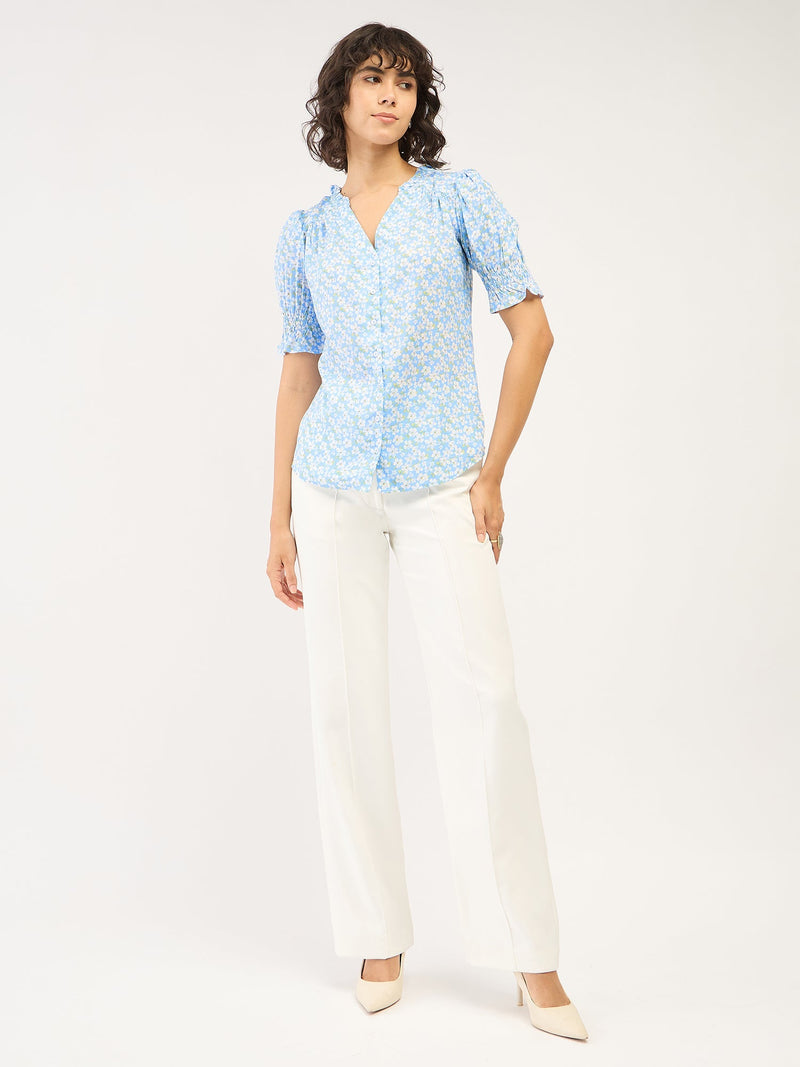 Belladonna Floral Ruffled Neckline Top-Pastel Blue/White