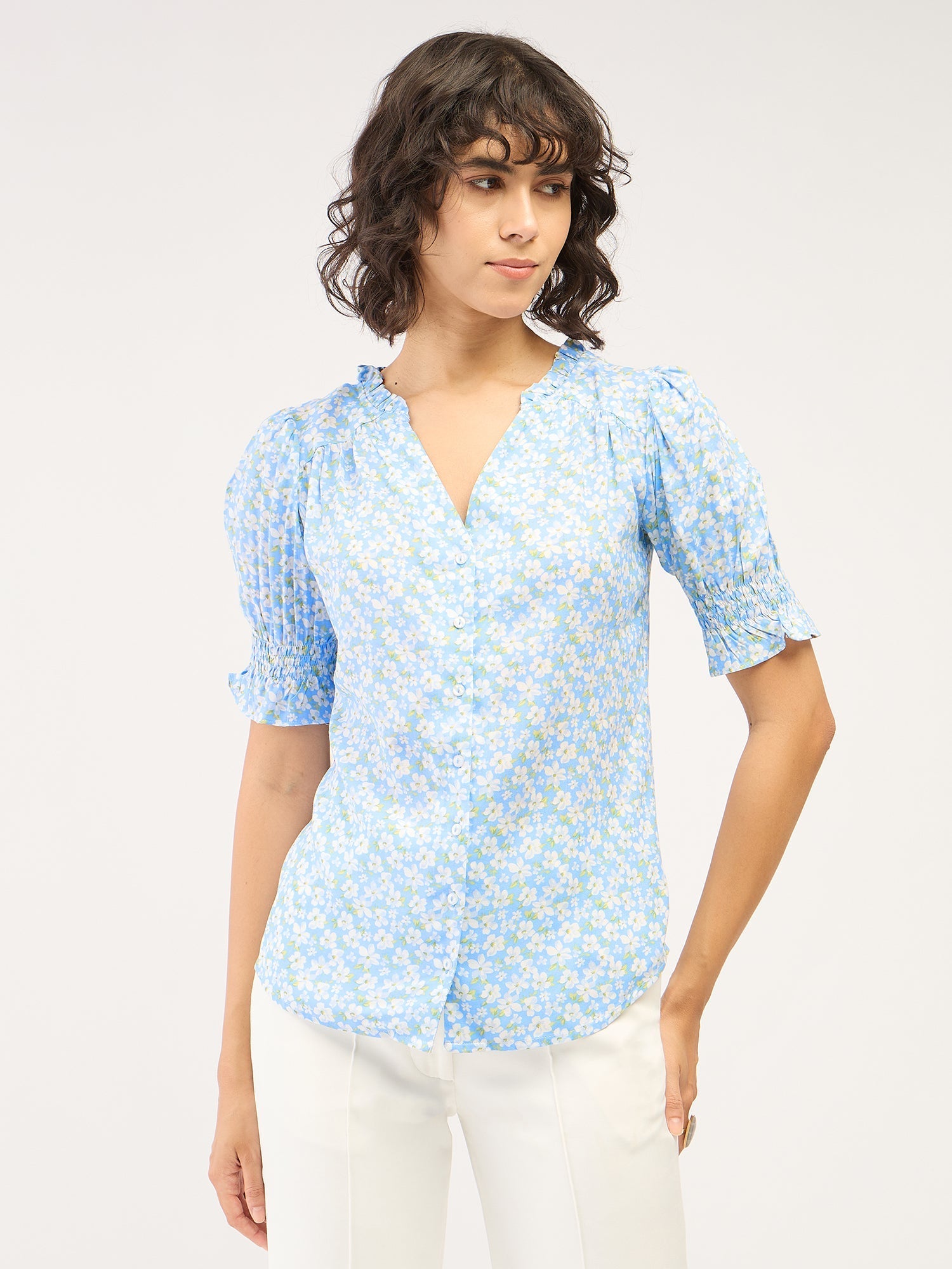 Belladonna Floral Ruffled Neckline Top-Pastel Blue/White