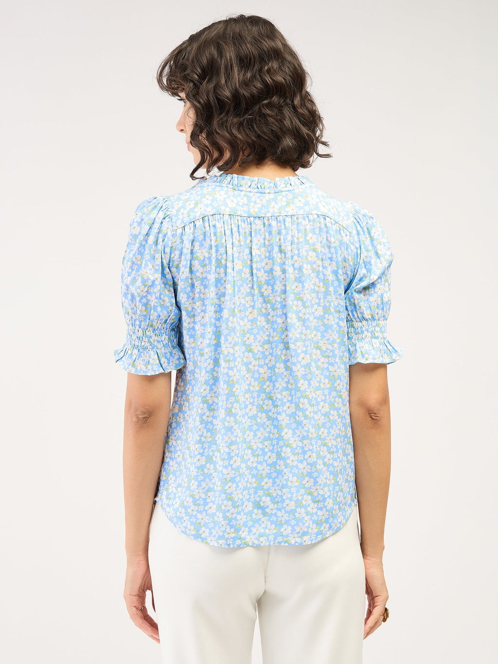 Belladonna Floral Ruffled Neckline Top-Pastel Blue/White