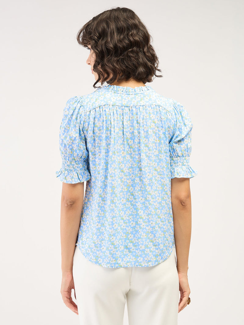 Belladonna Floral Ruffled Neckline Top-Pastel Blue/White