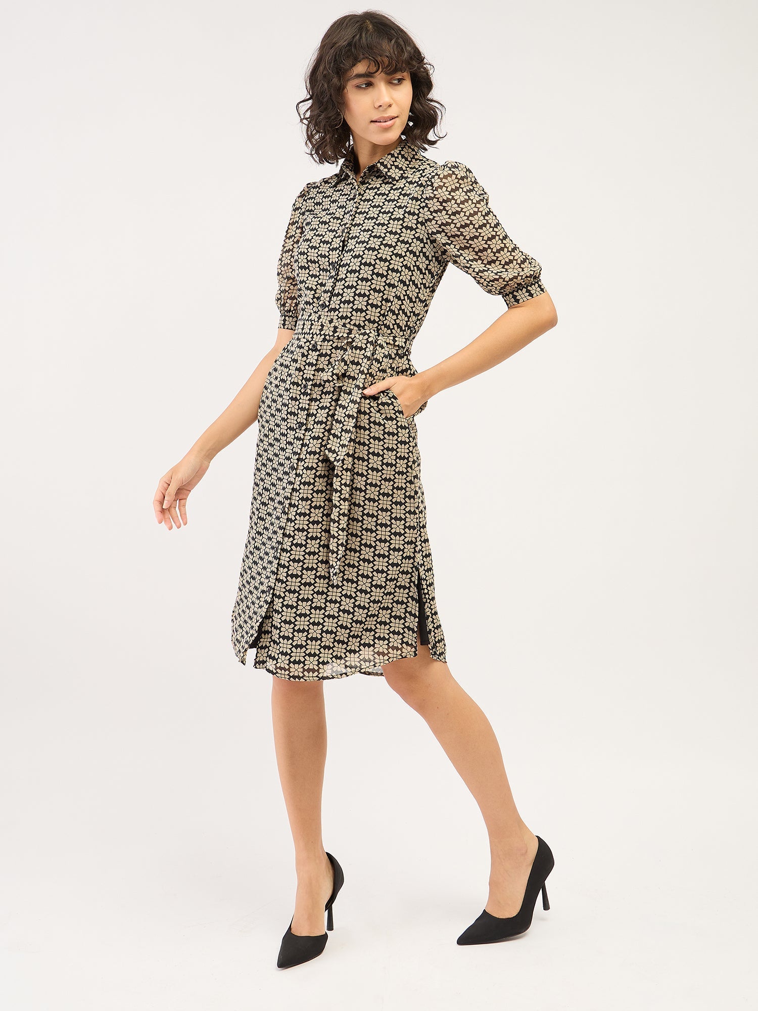 Bolt Geometric Shirt Dress-Black & Beige