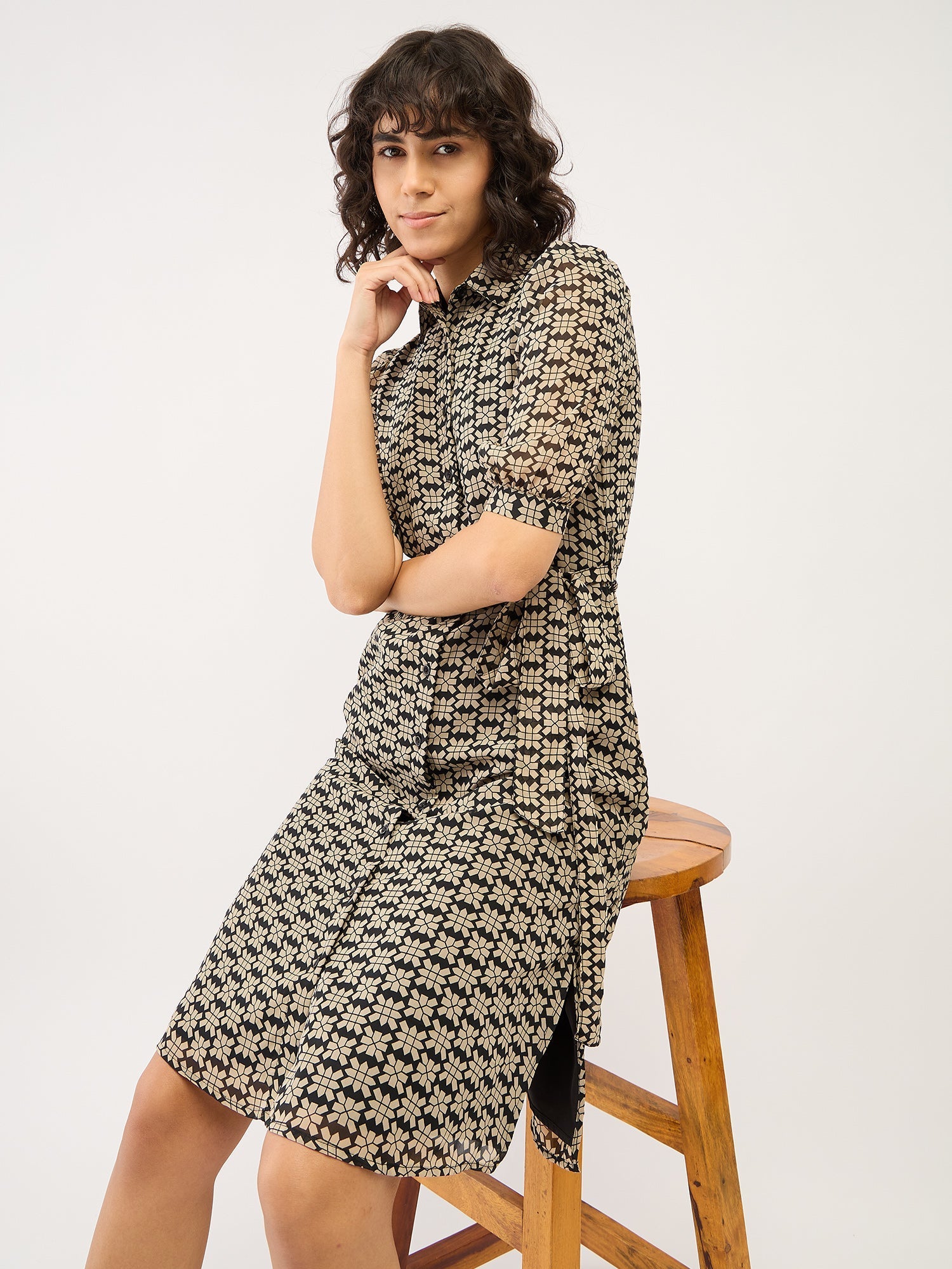 Bolt Geometric Shirt Dress-Black & Beige