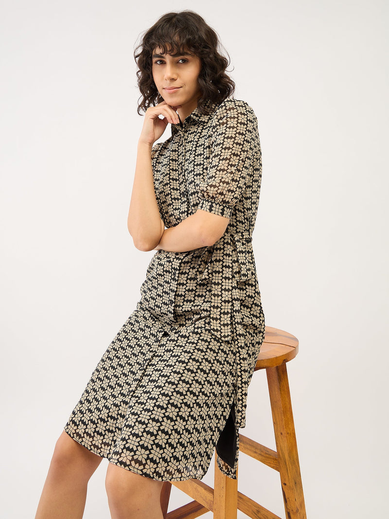 Bolt Geometric Shirt Dress-Black & Beige