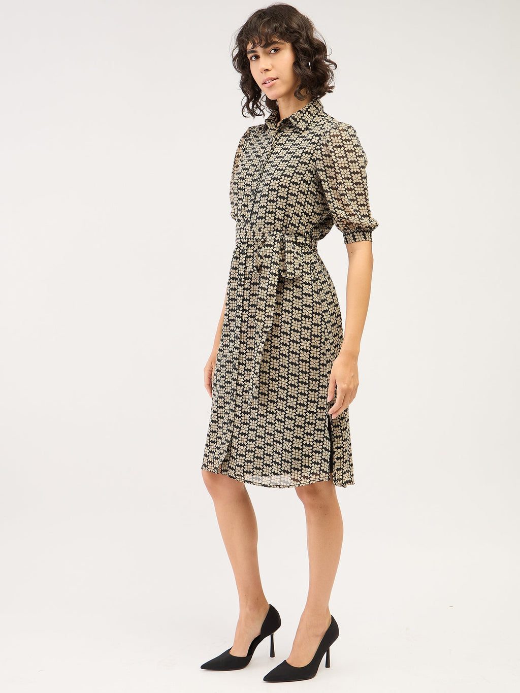 Bolt Geometric Shirt Dress-Black & Beige