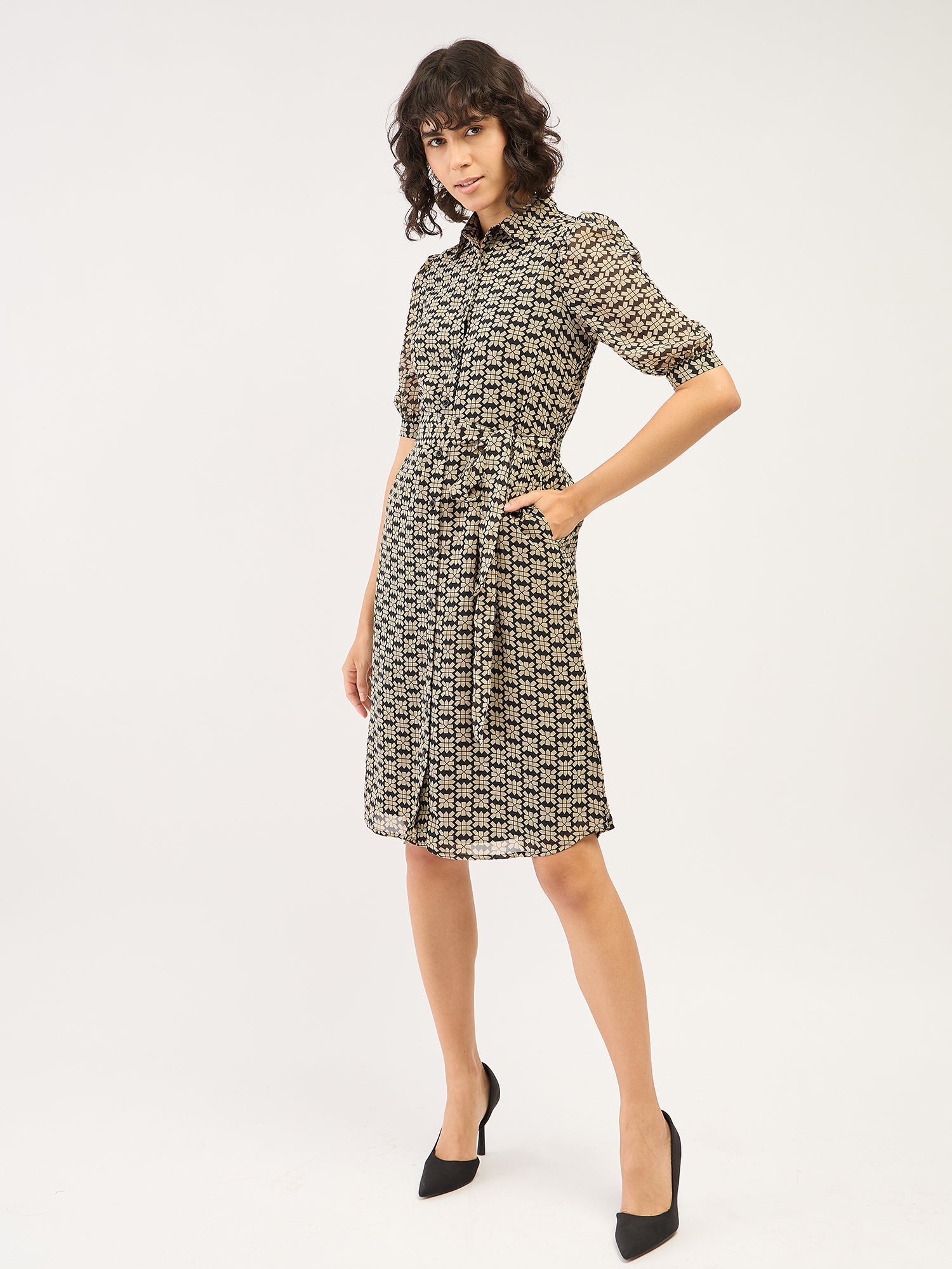 Bolt Geometric Shirt Dress-Black & Beige