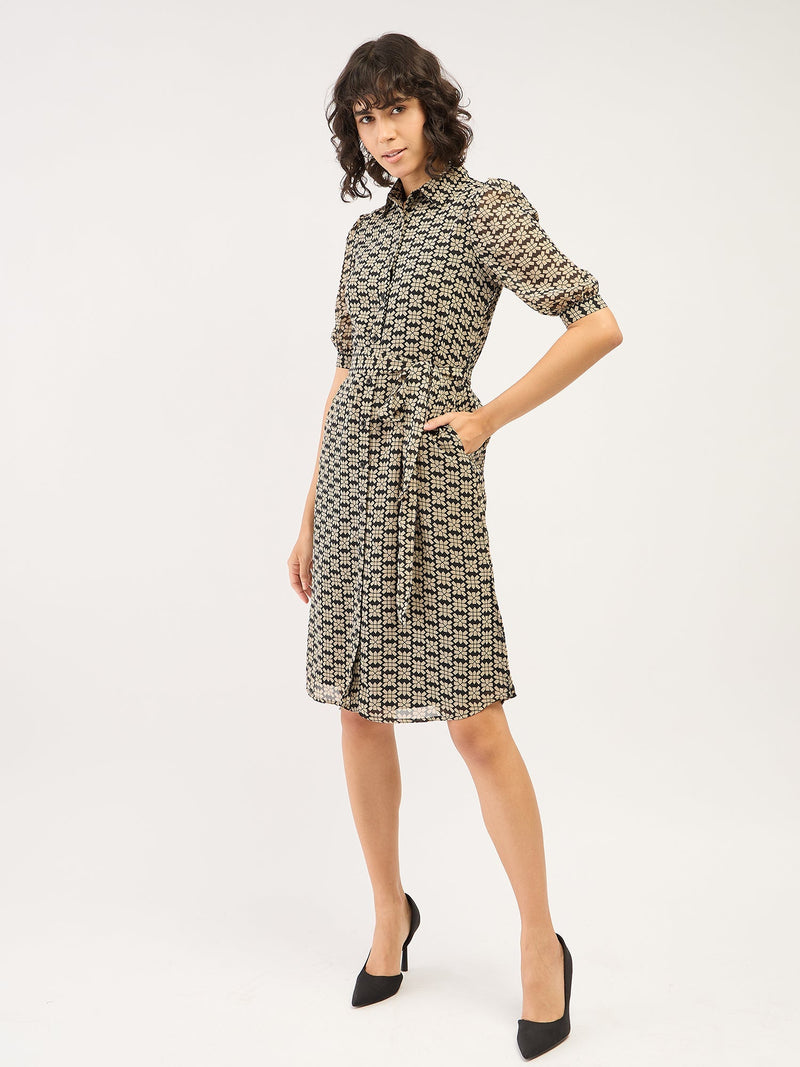 Bolt Geometric Shirt Dress-Black & Beige