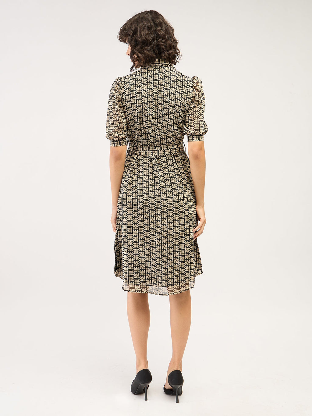 Bolt Geometric Shirt Dress-Black & Beige