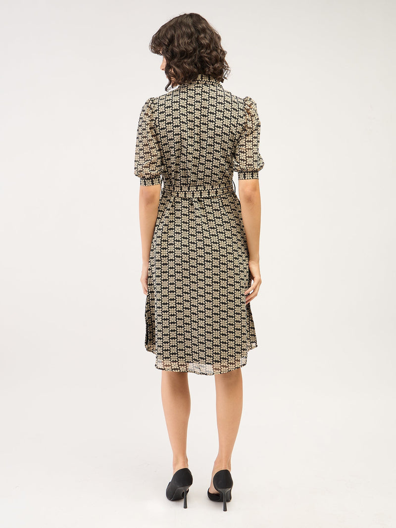 Bolt Geometric Shirt Dress-Black & Beige