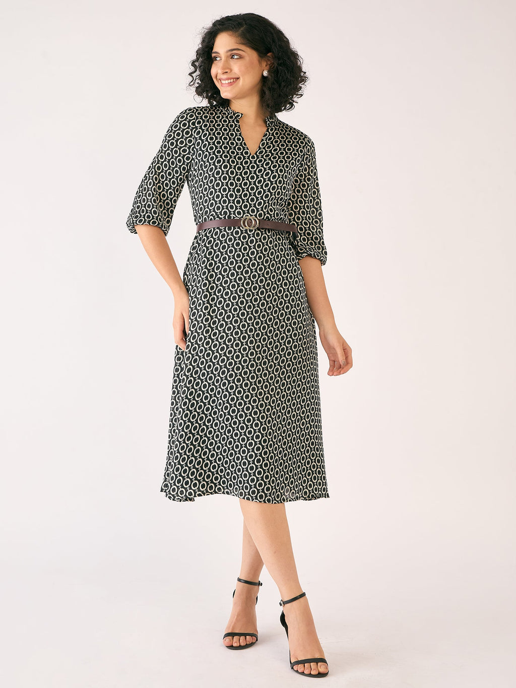 Nexus Geometric Midi Dress - Black & Ivory