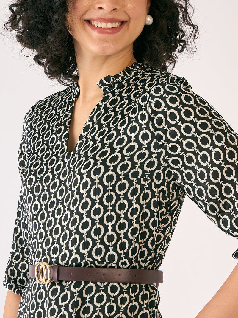 Nexus Geometric Midi Dress - Black & Ivory