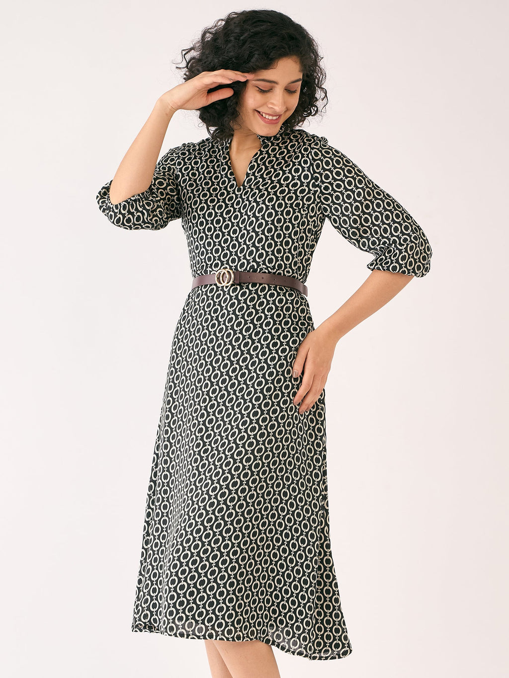 Nexus Geometric Midi Dress - Black & Ivory