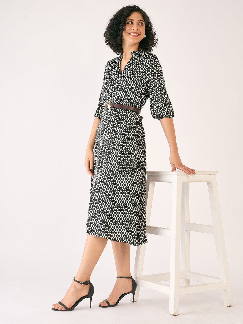 Nexus Geometric Midi Dress - Black & Ivory