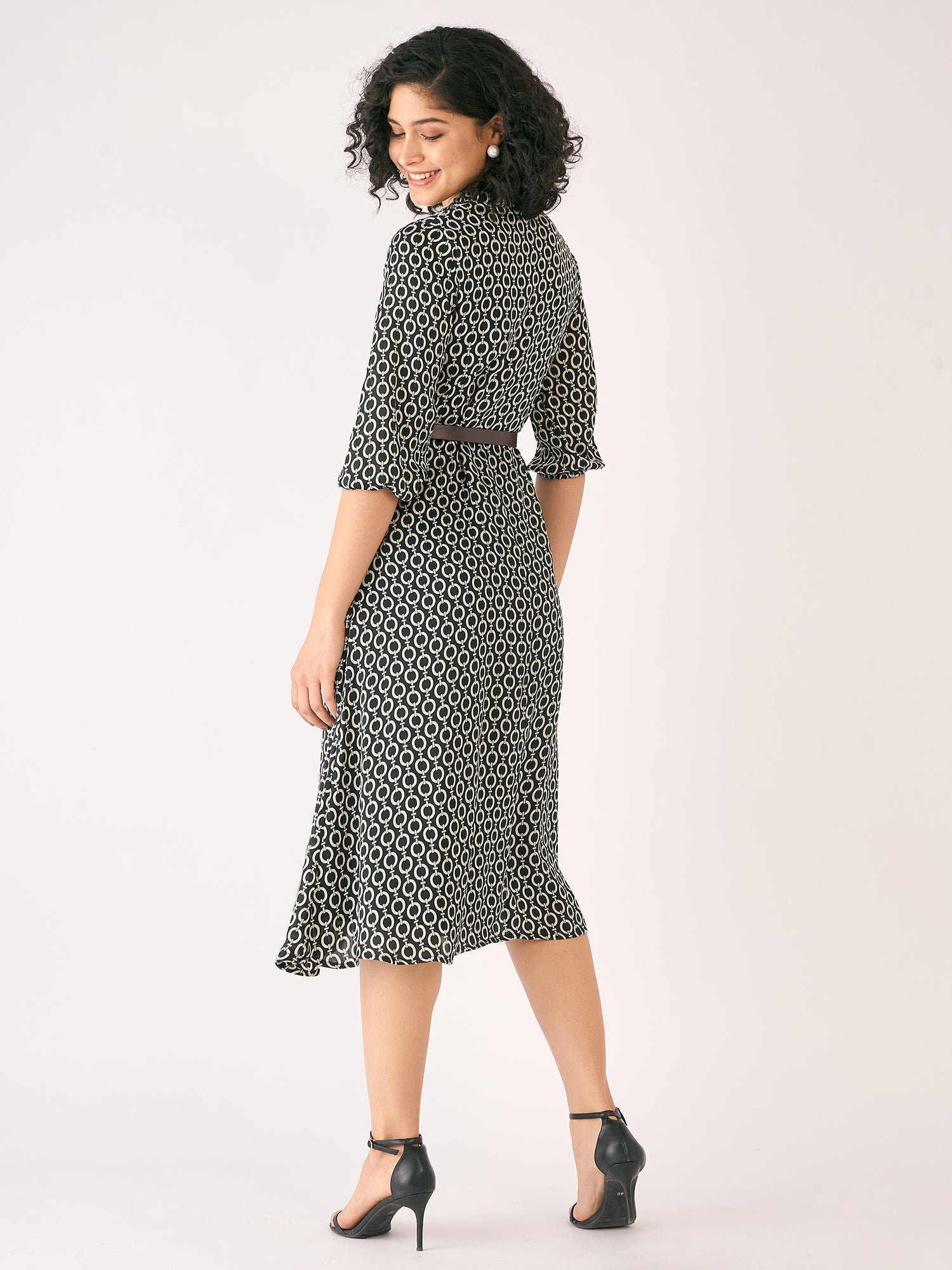 Nexus Geometric Midi Dress - Black & Ivory
