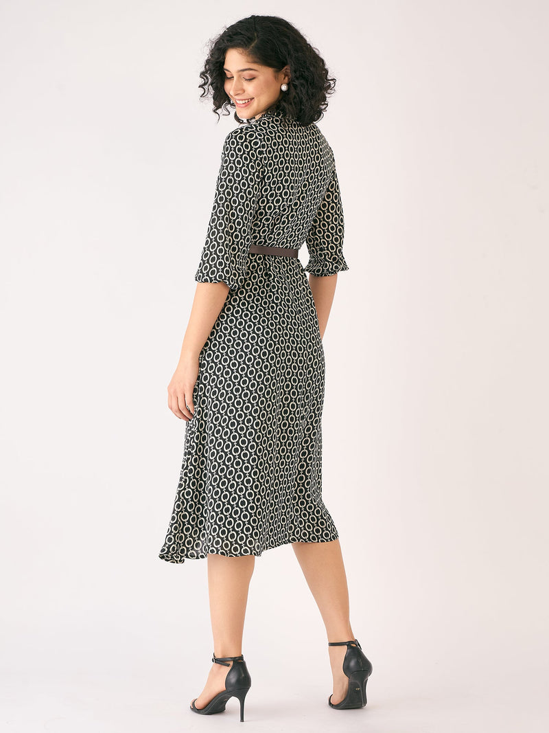 Nexus Geometric Midi Dress - Black & Ivory