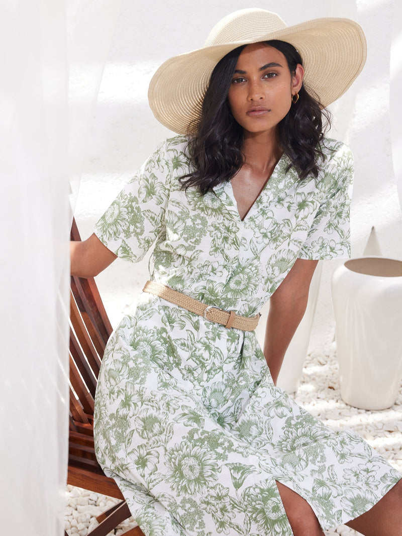 Pinnaca Floral Shirt Dress-Sage/White