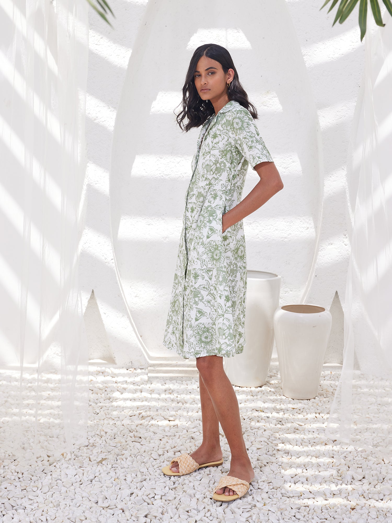 Pinnaca Floral Shirt Dress-Sage/White
