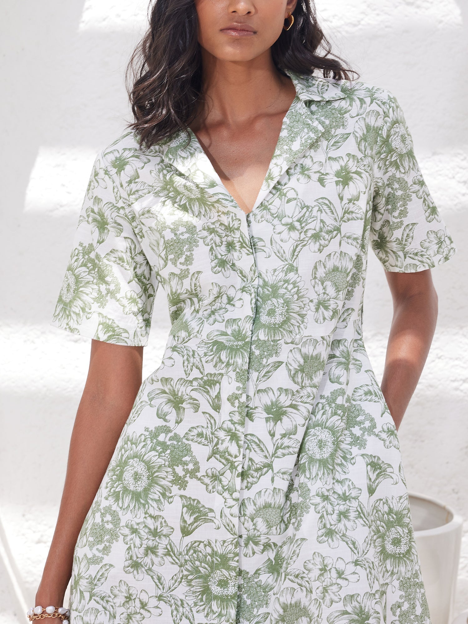 Pinnaca Floral Shirt Dress-Sage/White
