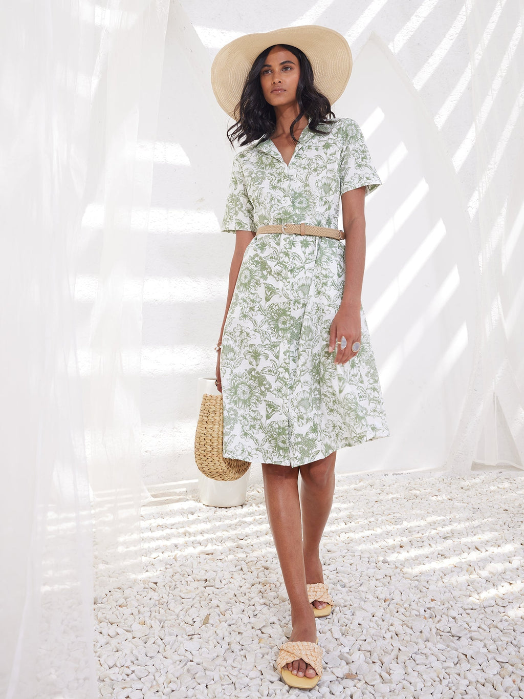 Pinnaca Floral Shirt Dress-Sage/White