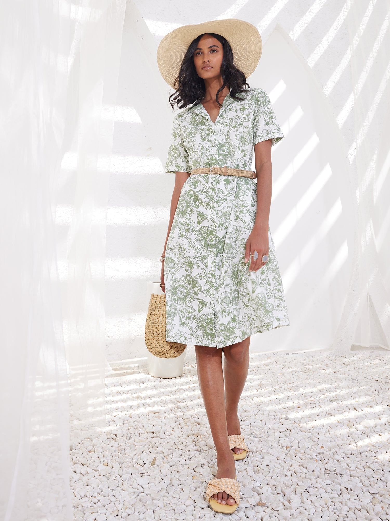 Pinnaca Floral Shirt Dress-Sage/White
