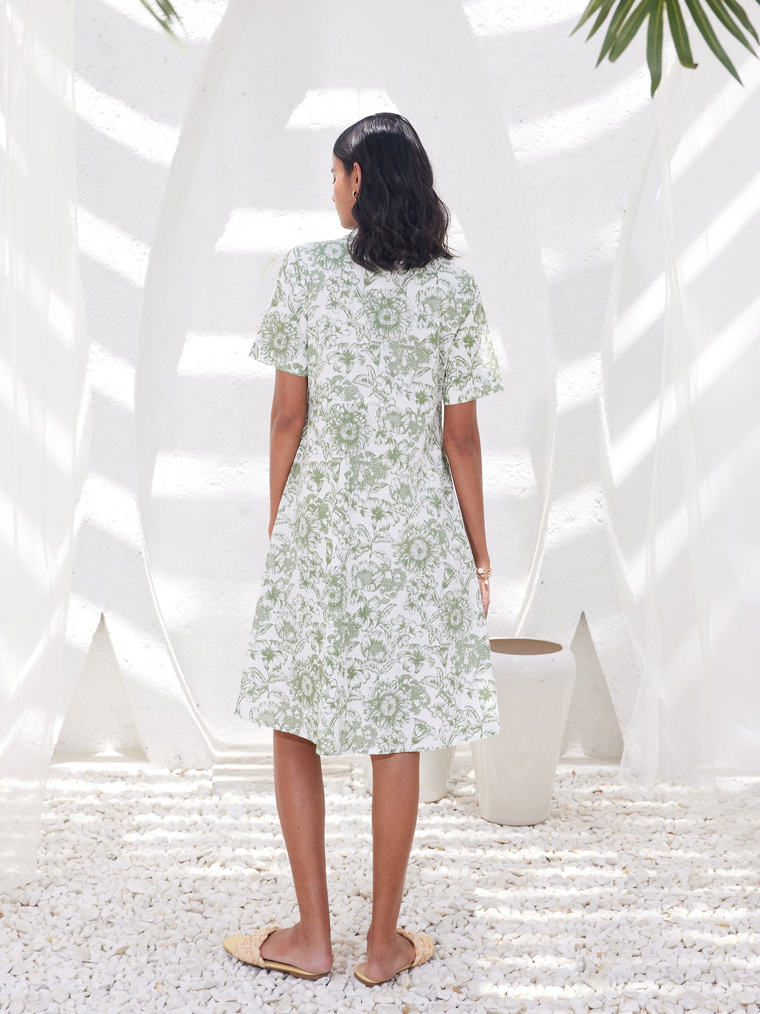 Pinnaca Floral Shirt Dress-Sage/White