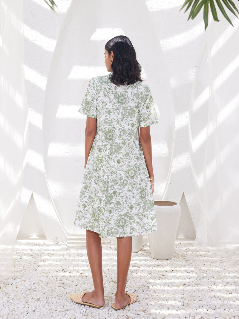 Pinnaca Floral Shirt Dress-Sage/White