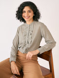Olivine Gingham Ruffled Placket Shirt-White/Olive