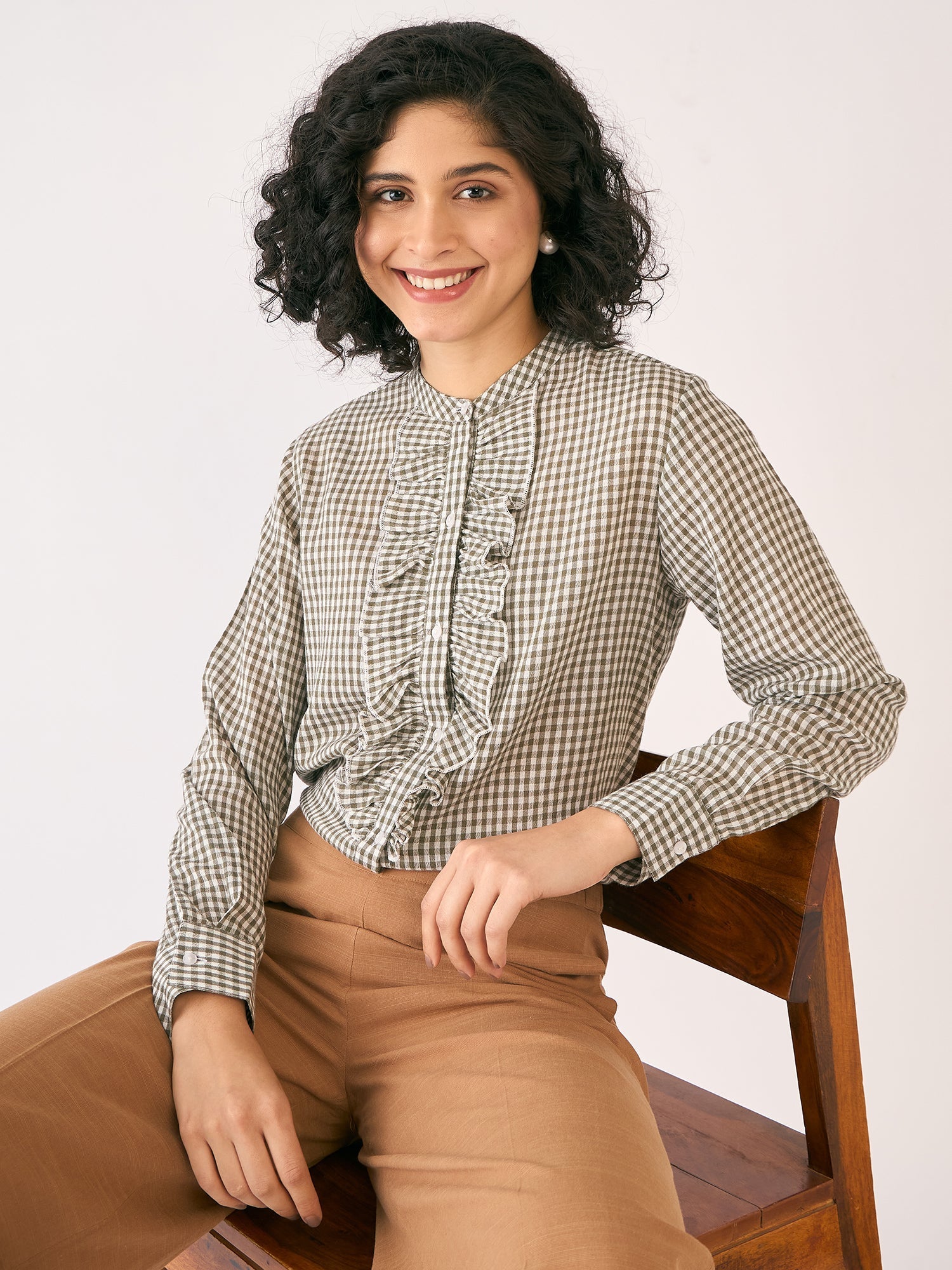 Olivine Gingham Ruffled Placket Shirt-White/Olive