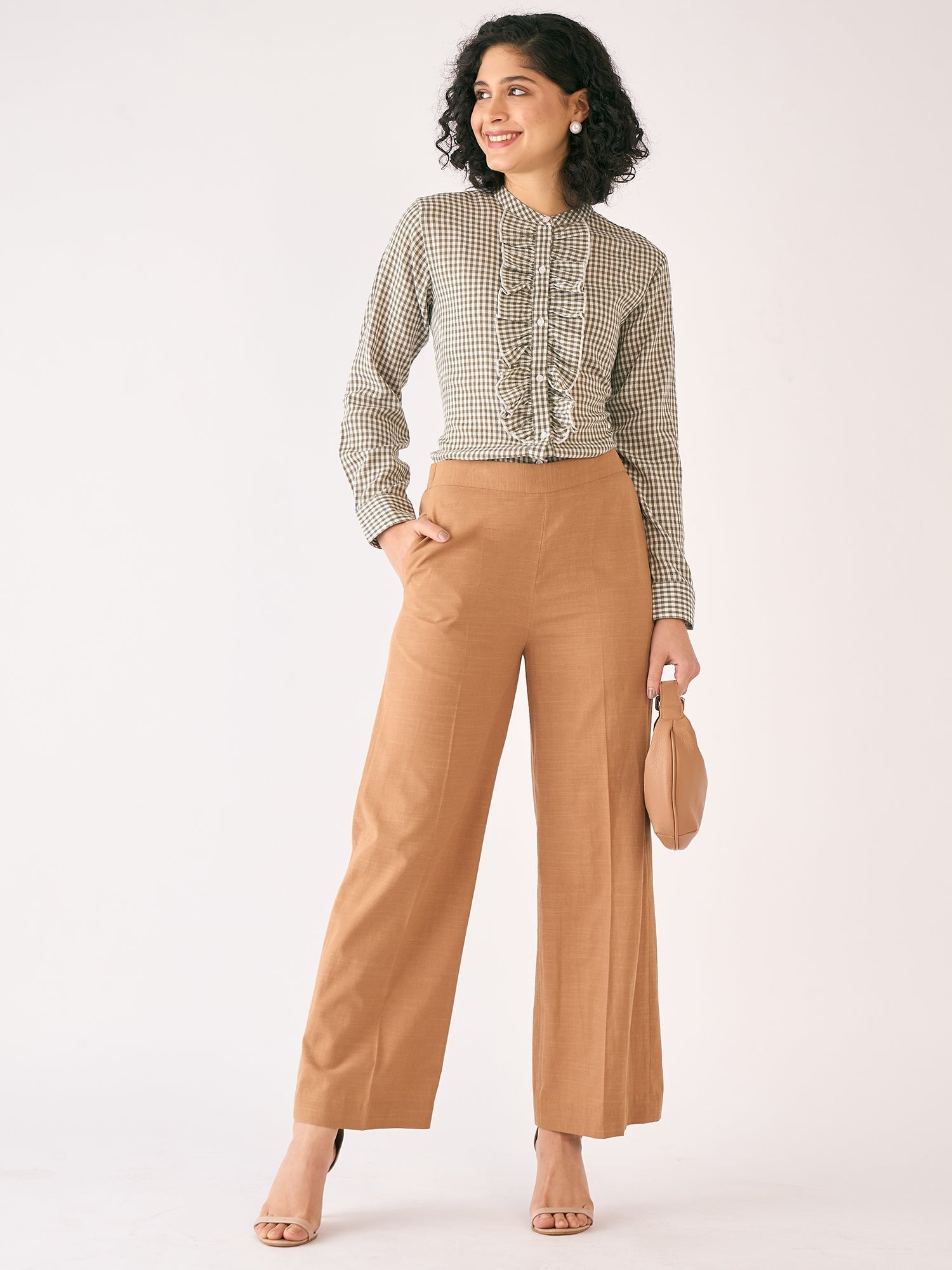 Olivine Gingham Ruffled Placket Shirt-White/Olive