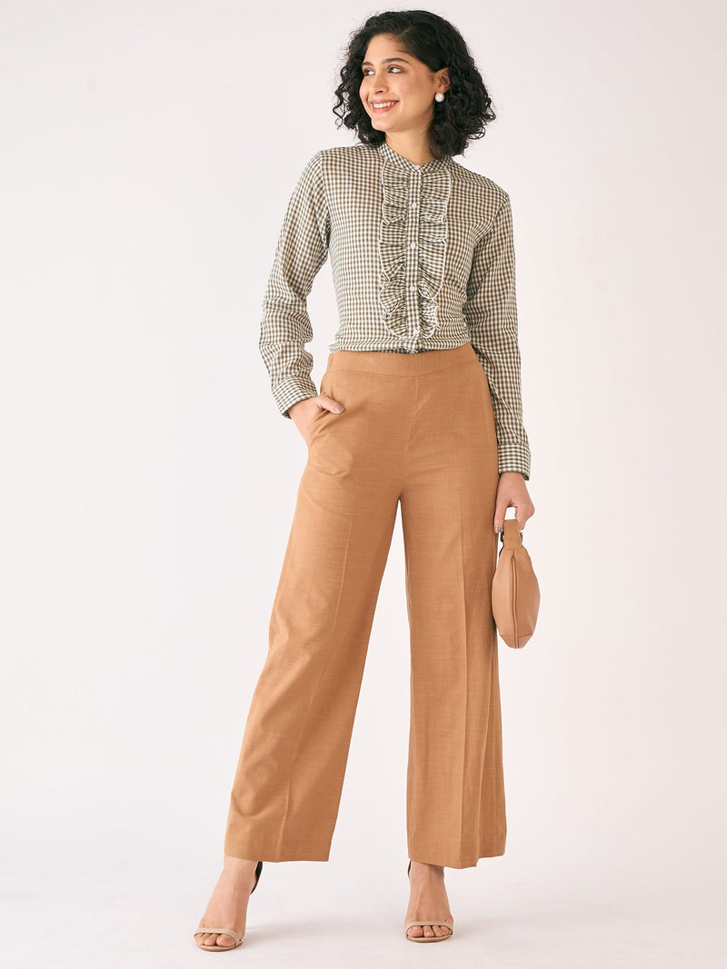 Olivine Gingham Ruffled Placket Shirt-White/Olive