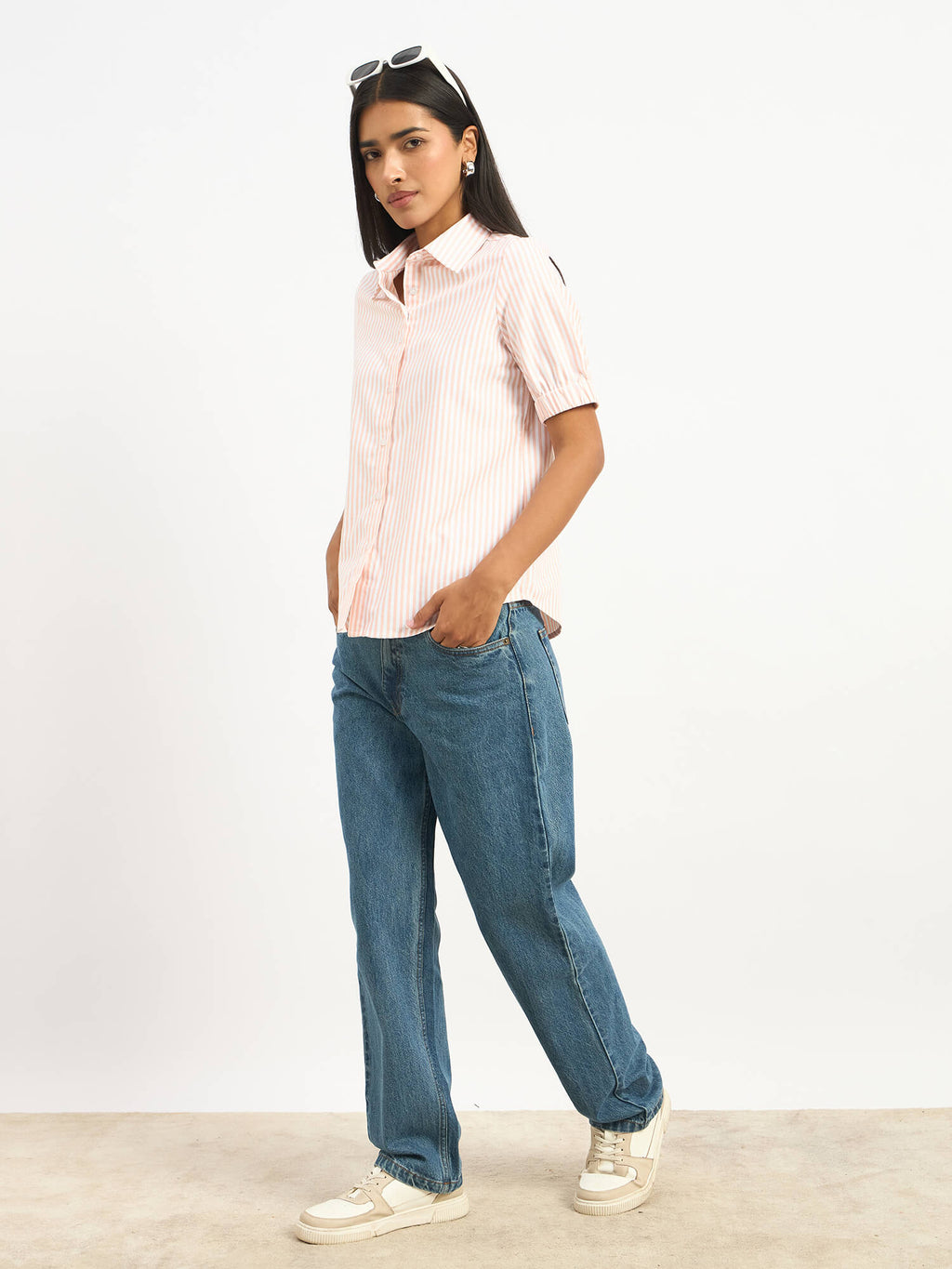 Sabine Short Elasticated Sleeve Shirt - Peach Stripe