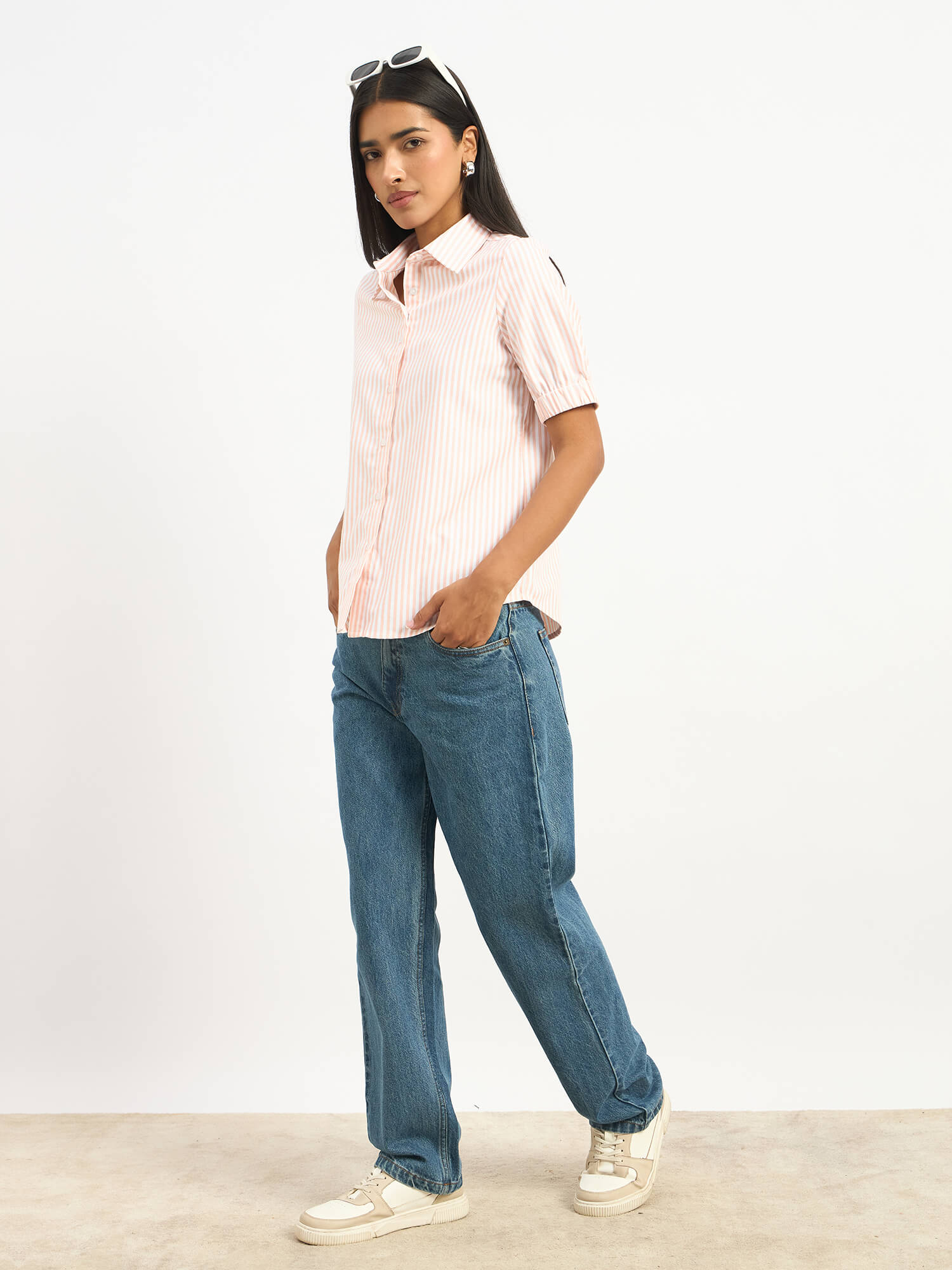Sabine Short Elasticated Sleeve Shirt - Peach Stripe