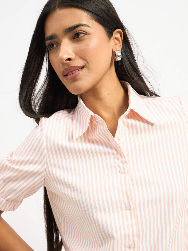 Sabine Short Elasticated Sleeve Shirt - Peach Stripe