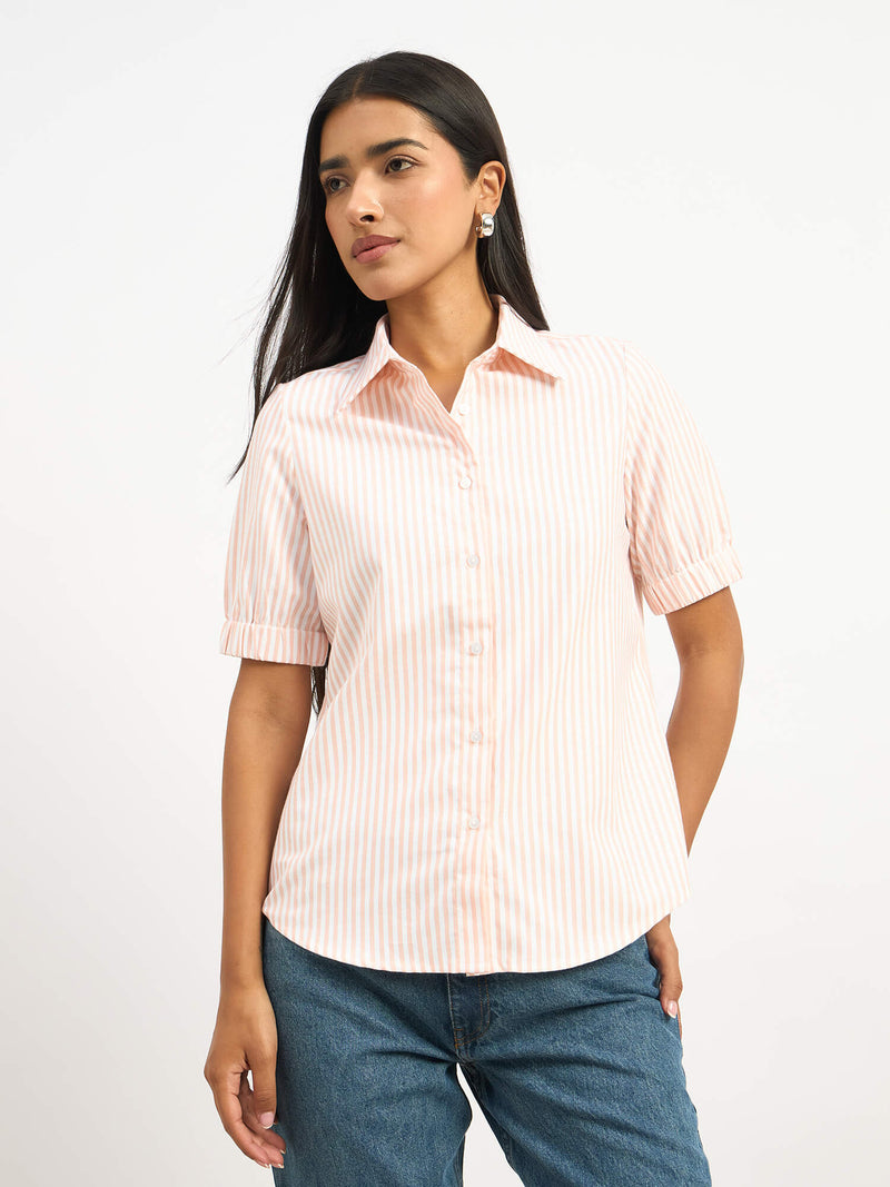 Sabine Short Elasticated Sleeve Shirt - Peach Stripe