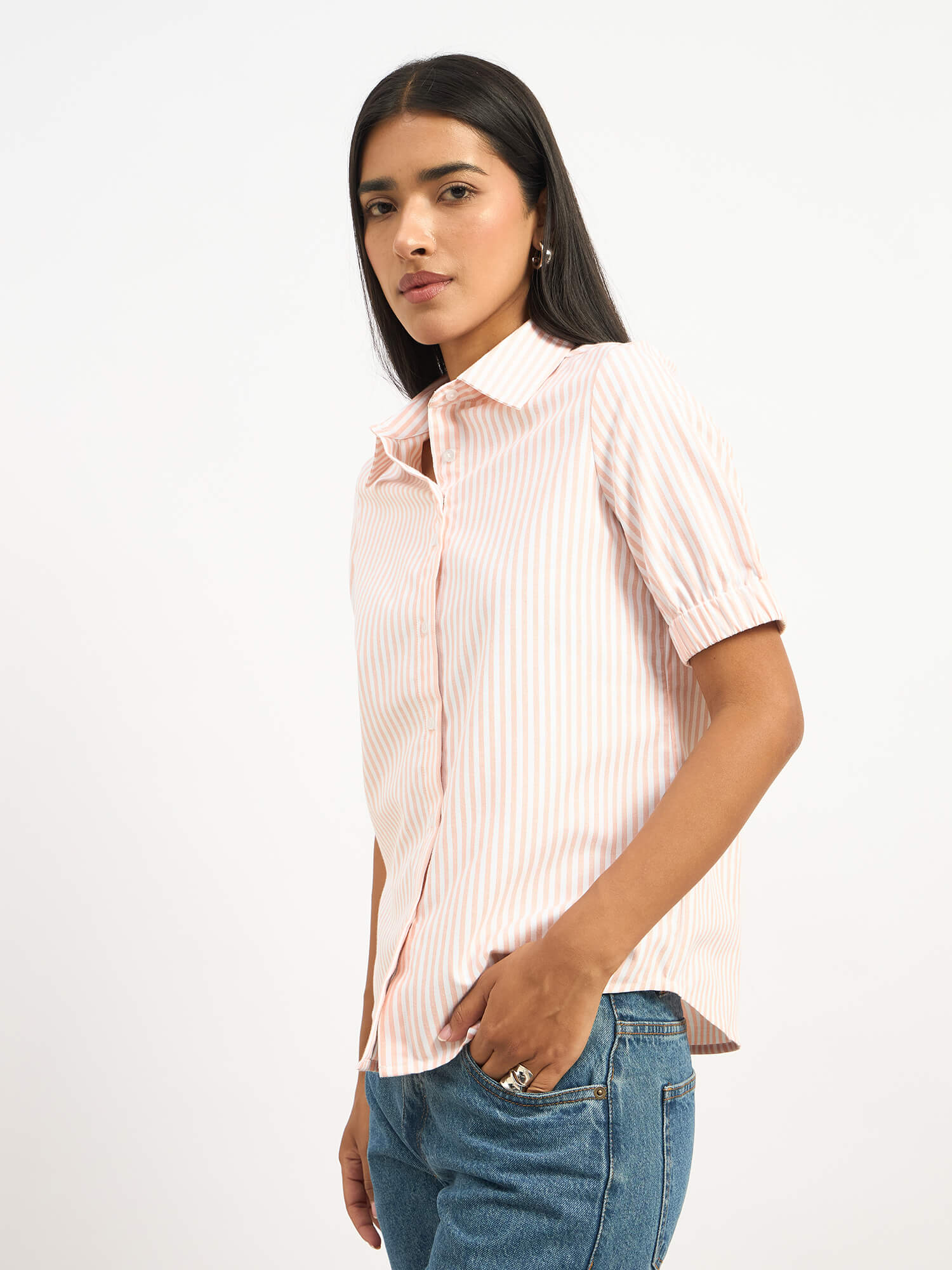 Sabine Short Elasticated Sleeve Shirt - Peach Stripe