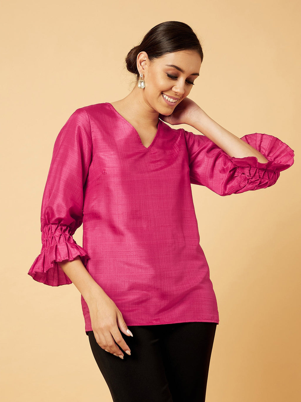 Goji Smocked Sleeves Top-Bright Pink
