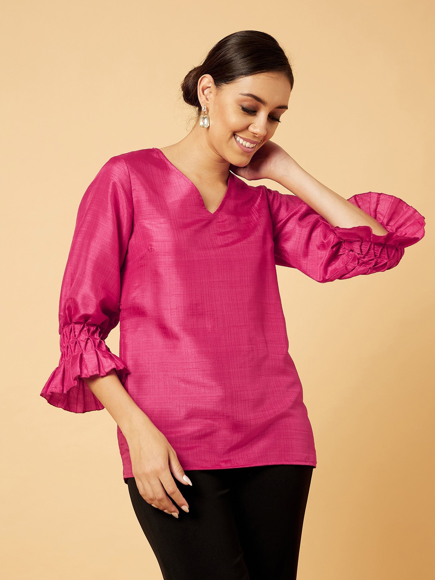 Goji Smocked Sleeves Top-Bright Pink