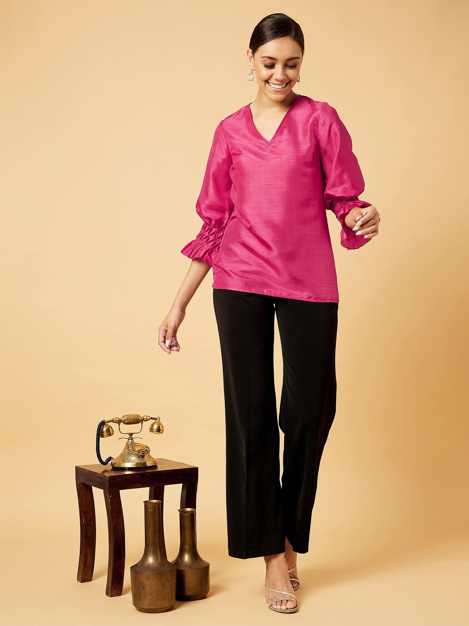 Goji Smocked Sleeves Top-Bright Pink