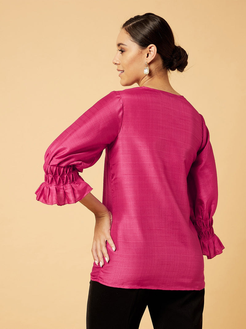 Goji Smocked Sleeves Top-Bright Pink