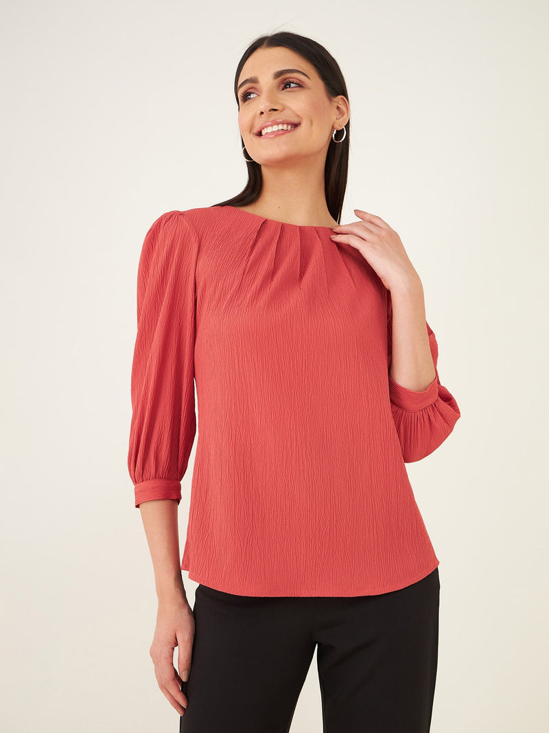 Granada Plisse Pleated Neckline Top-Dark Peach