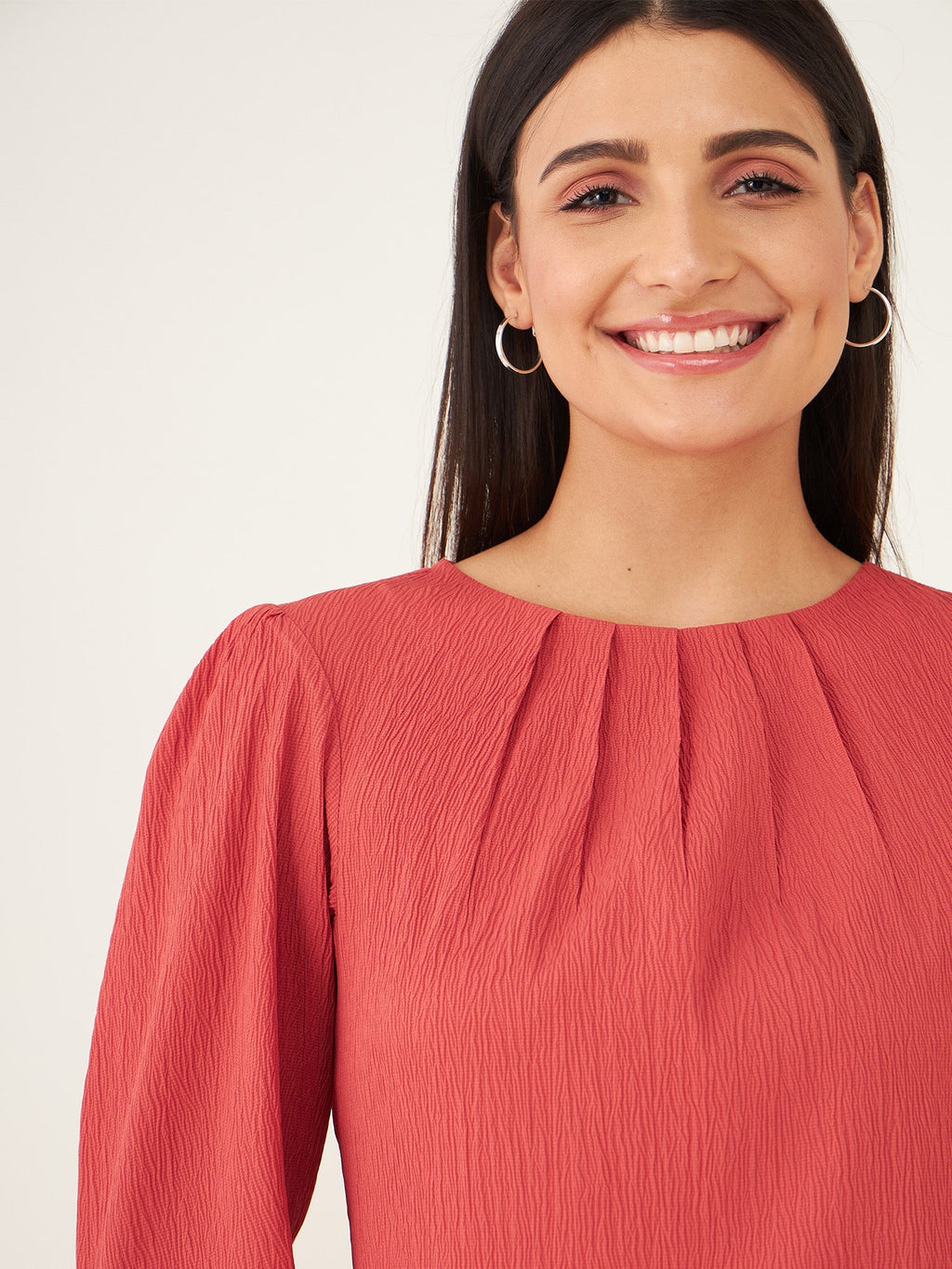 Granada Plisse Pleated Neckline Top-Dark Peach