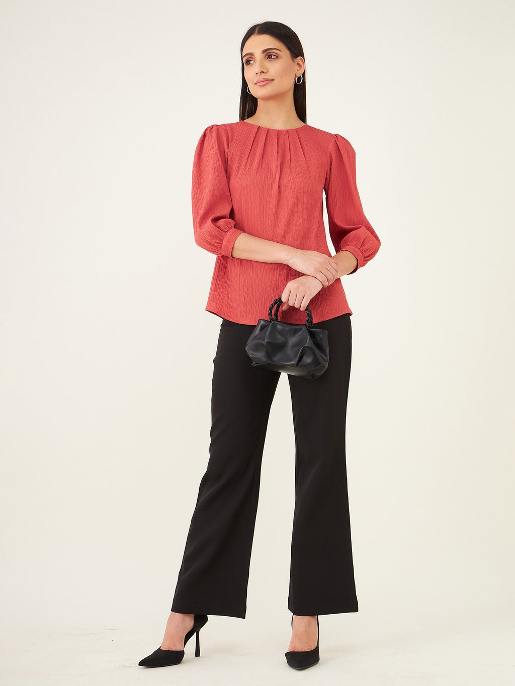 Granada Plisse Pleated Neckline Top-Dark Peach